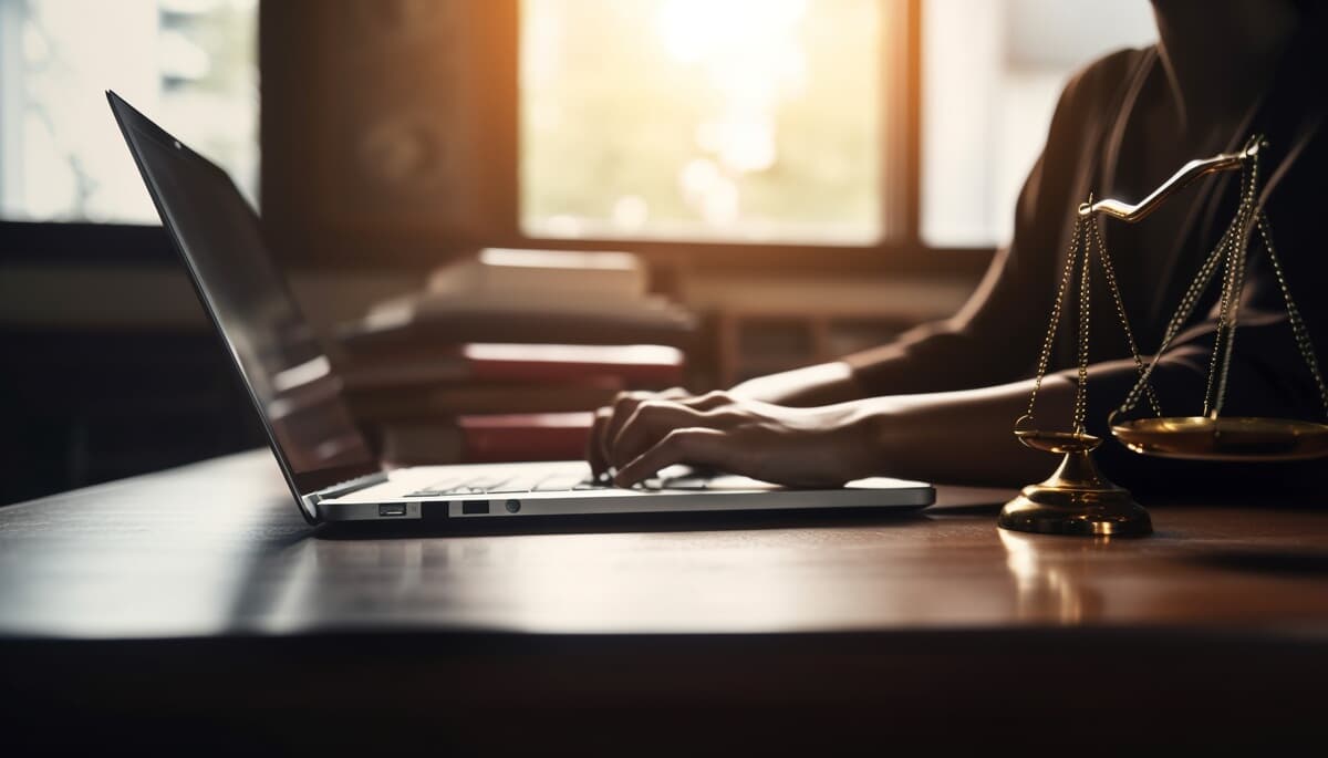 Advogado analisando estratégia de marketing digital em escritório de advocacia